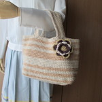 「値下げ」バイカラー縞の麻ひもトートバッグ
