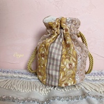 SALE❣️Orga bag 〜 インド刺繍リボンの丸底巾着バッグ　マスタード×チェック
