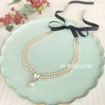 ウェディング♡フォーマル♡3連パールリボンネックレス/シルバーJ387