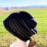 もちもちボアの上品ブラック医療用帽子／リボン付き／保護帽子