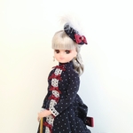 22cmドールドレス 紺ドット×ワインリボンのバッスルドレス
