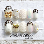 #30 【限定】ネイルチップ ホワイトバレンタイン♡ うさぎネイル ニットネイル チョコネイル オーロラネイル リボンネイル お花ネイル フラワーネイル ハートネイル フレンチガーリー