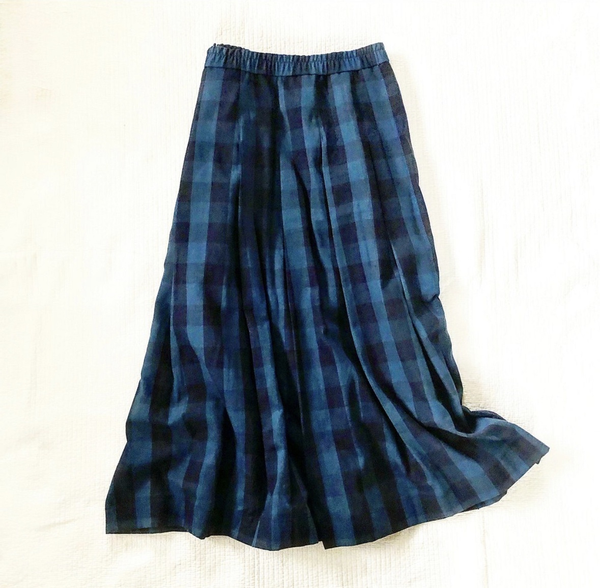 春夏♪限定生地裏地付きでコットンリネン春夏秋大柄チェック大人可愛タックフレアスカート ブルー×濃いネイビー