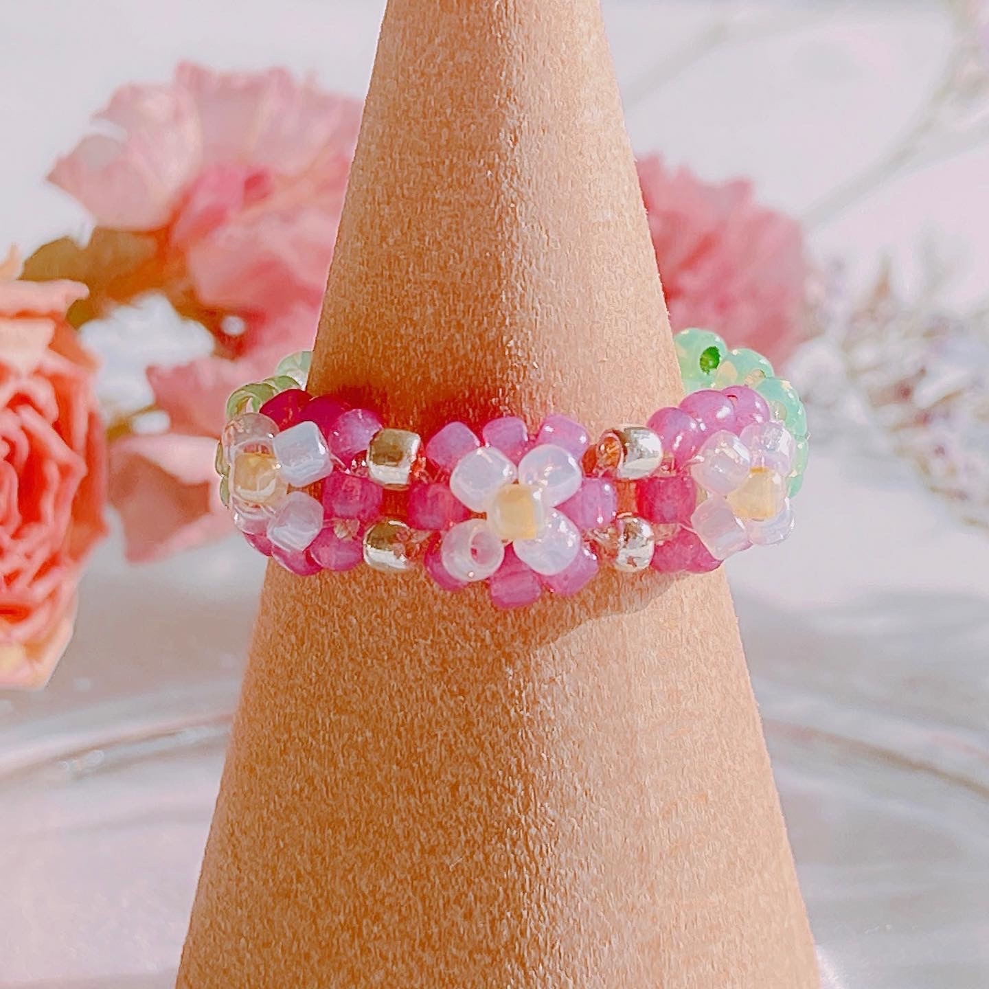 【rs-3】 ビーズリング ✿ 韓国 カラフル 蝶々 ハート パール rs-3】 ビーズリング ✿ 韓国 カラフル 蝶々 ハート パール