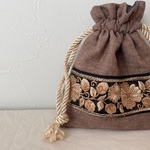 インド刺繍リボン巾着ポーチ ブラックx ブラウン(送料無料)