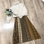 1枚だけの特別感♡ベージュチェック の かわいく お洒落な パッチスカート 
