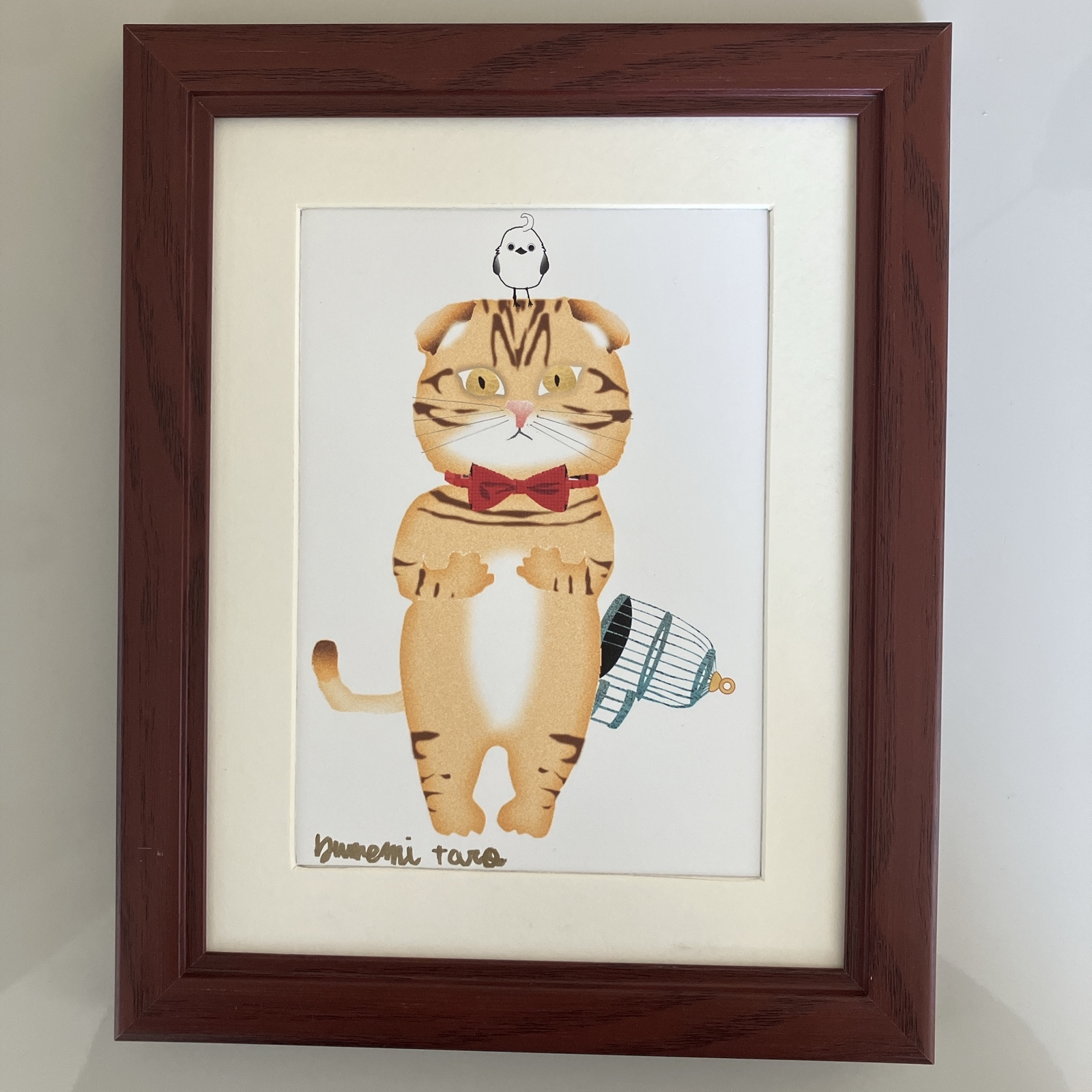 アート】 かわいい猫の絵 茶トラ 垂れ耳 小鳥が逃げた - 夢見