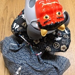 えんじ色　おたふくのお面　節分コスチューム3点セット(豆付き)渦巻　