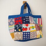 カラフル　北欧風　四角パッチ　横長トートBAG　リバーシブル　帆布　ブルー