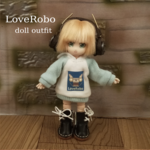＊オビツ11 フード付きオオカミロボ柄トレーナー(白,水色) ,ヘッドホンセット ドール服 ねんどろいどどーる＊