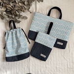 ☆oimo314さま専用☆三点セット●大きめ(33×47)キルティングレッスンバッグ＆シューズバッグ&体操着袋  もくもくストライプ　ブルー×リアルデニム