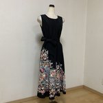 【H様ご予約品】アンサンブル友禅　花鳥画　牡丹の花　枝梅　作家モノ黒留フォーマルドレス★着物リメイク