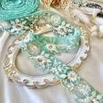 30cm/50cm  インド刺繍リボン 　チュール  花柄  エメラルド