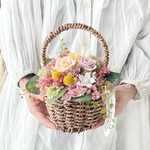 バスケットアレンジ　くすみピンク　誕生日　結婚祝　母の日　プリザーブドフラワー　発表会　新築祝い　ドライフラワー　開業祝い　