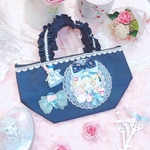 可愛い女の子　トートバッグ　ミニバッグ　ランチバッグ　お散歩バッグ　保温保冷　レース　フリル　リボン　バラ　薔薇　うさぎ　アイスクリーム　チュール　紺色　水色　ネイビー　清楚　上品　