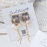 スクエア×淡水パールのチェーン×お花のピアス、イヤリング