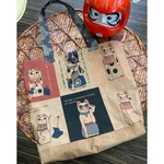 猫柄の手ぬぐいの柿渋染めトートバッグ　　　　手ぬぐいリメイク