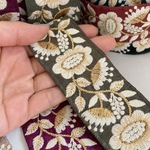 【50cm】【50mm幅】【モスグリーン】インド刺繍リボン　金糸　ゴージャス　フラワー　花柄 手芸　ハンドメイド　アクセサリーパーツ DIY R007-6