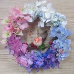 ◇935　✾ぽっちゃりおでぶな、ピンクの小鳥とグラデあじさいの雫リース🐤  （大）約２５㎝