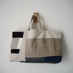 リネン・帆布・綿麻　モノトーン系　ランダムパッチ　横長トートBAG　♪　麻　カラーリネン　