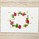 🍓透明水彩画「いちごリース」イラストポストカード2枚セット フルーツ 苺　花　イチゴ　バレンタイン　入園入学　母の日　父の日　バースデーカード