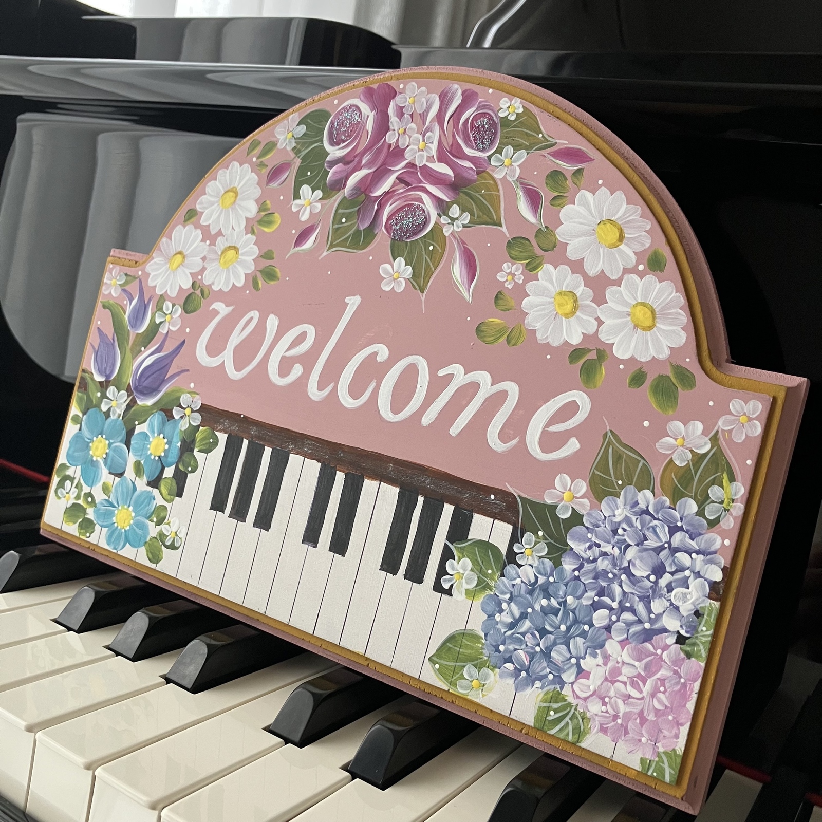 送料無料】花咲くピアノ♪ウェルカムボード トールペイント ピンク