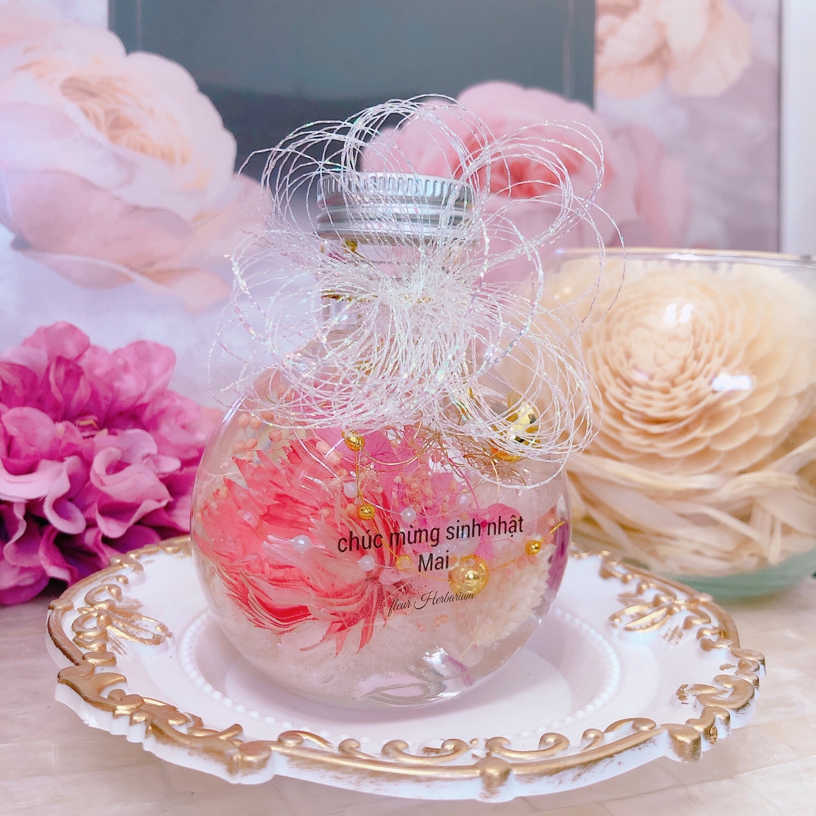 ピンクグリーン りんごハーバリウム♥プレゼントギフトにも♥リンゴ
