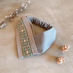 着画あり インド刺繍 リボン クロスヘアバンド クロスヘアターバン ターバン ハーフリネン くすみ グレー ブルー