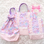 〈SALE！〉ゆめかわ【入園入学セット】レッスンバッグ　上履き入れ　体操服入れ　3点セット　フリル　編み上げ　リボン　スイーツベア
