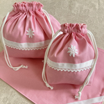 [再販]  お受験バック　お弁当袋セット　お弁当袋コップ袋ランチョンマット　中高まで使えるお弁当袋　ランチセット　グログランリボンとレースお弁当袋三点セット　私立小学校　白百合学園