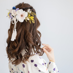 ＊jyarinkomie様専用・配送対応＊【ショートヘアー・ベリーショートの髪飾りK】卒業式の袴のドライフラワー風ヘッドドレス＆水引　青・紫・水色の成人式の振袖ヘッドパーツ