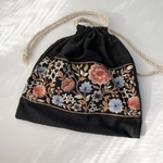 インド刺繍リボン巾着bag/ポーチ/黒