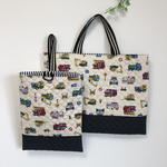 通園・通学２点セット◆レッスンバッグ・上履き入れ(キルト)◆男の子◆働く車(ナチュラル)