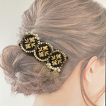 バレッタorヘアクリップ「パール×インド刺繍とオーガンジーリボン」バレッタorヘアクリップ ブラック× ゴールド【受注生産】黒 金 花柄 インド刺繍リボン パール