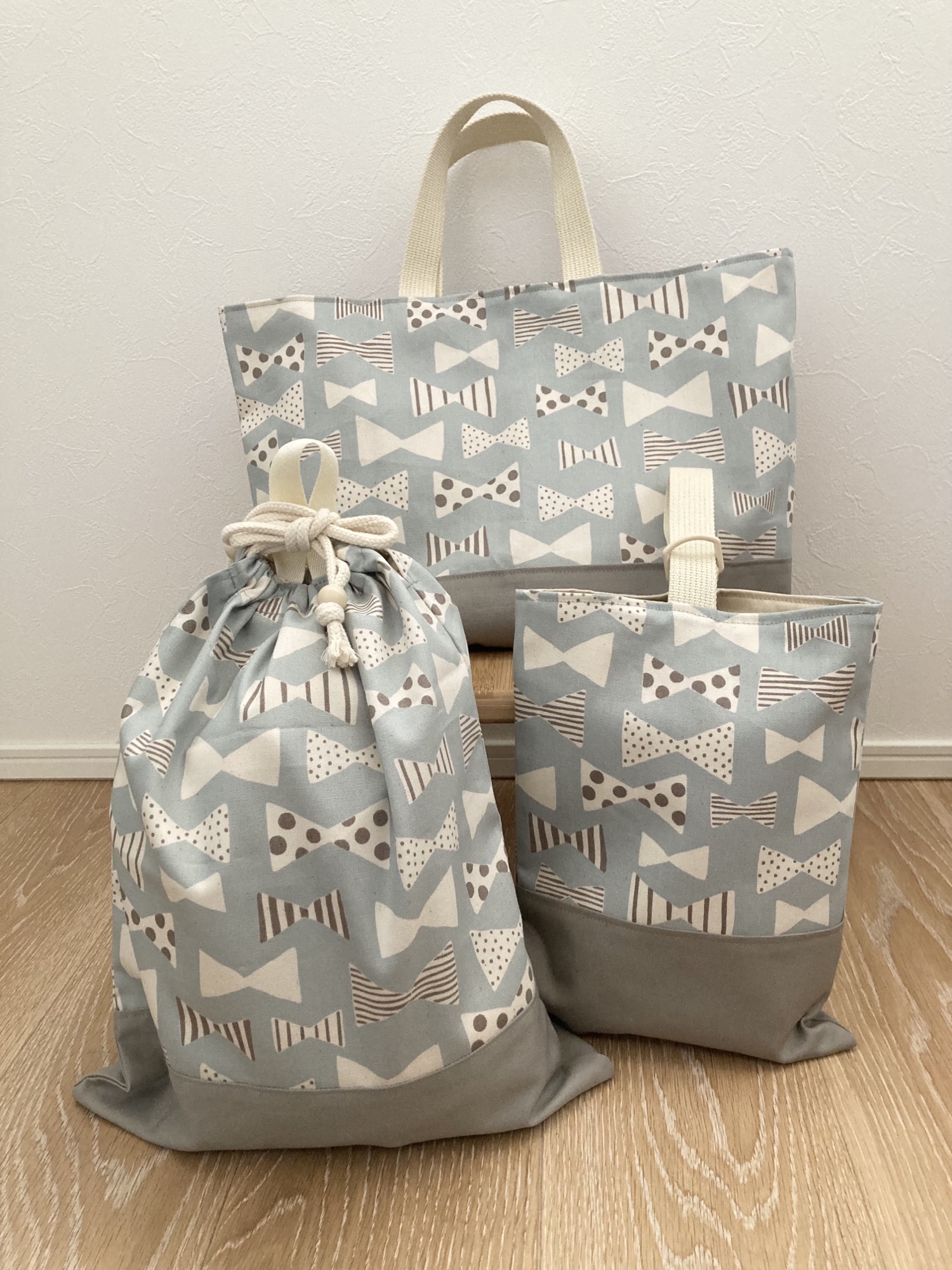 ブルーアッシュ♪ナチュラルビックリボン３点セット♪レッスンバック上履き入れ体操服袋
