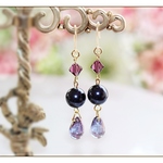 【089】樹脂ピアス・イヤリング　スワロ/パール＆カット紫系/チェコしずく