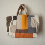 リネン・帆布・綿麻　モノトーン系　ランダムパッチ　横長トートBAG　♪　麻　カラーリネン　オレンジ
