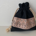 インド刺繍リボン巾着ポーチ ブラック×ピンク(送料無料)