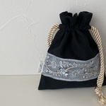 インド刺繍リボン巾着ポーチ ブラック×ライトブルー(送料無料)