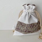 インド刺繍リボン巾着ポーチ グレイッシュパープル(送料無料)