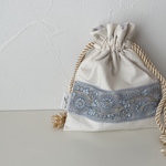 インド刺繍リボン巾着ポーチ ライトブルー(送料無料)