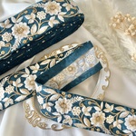 30cm/50cm  インド刺繍リボン  シルク  花柄  ブルーグリーン
