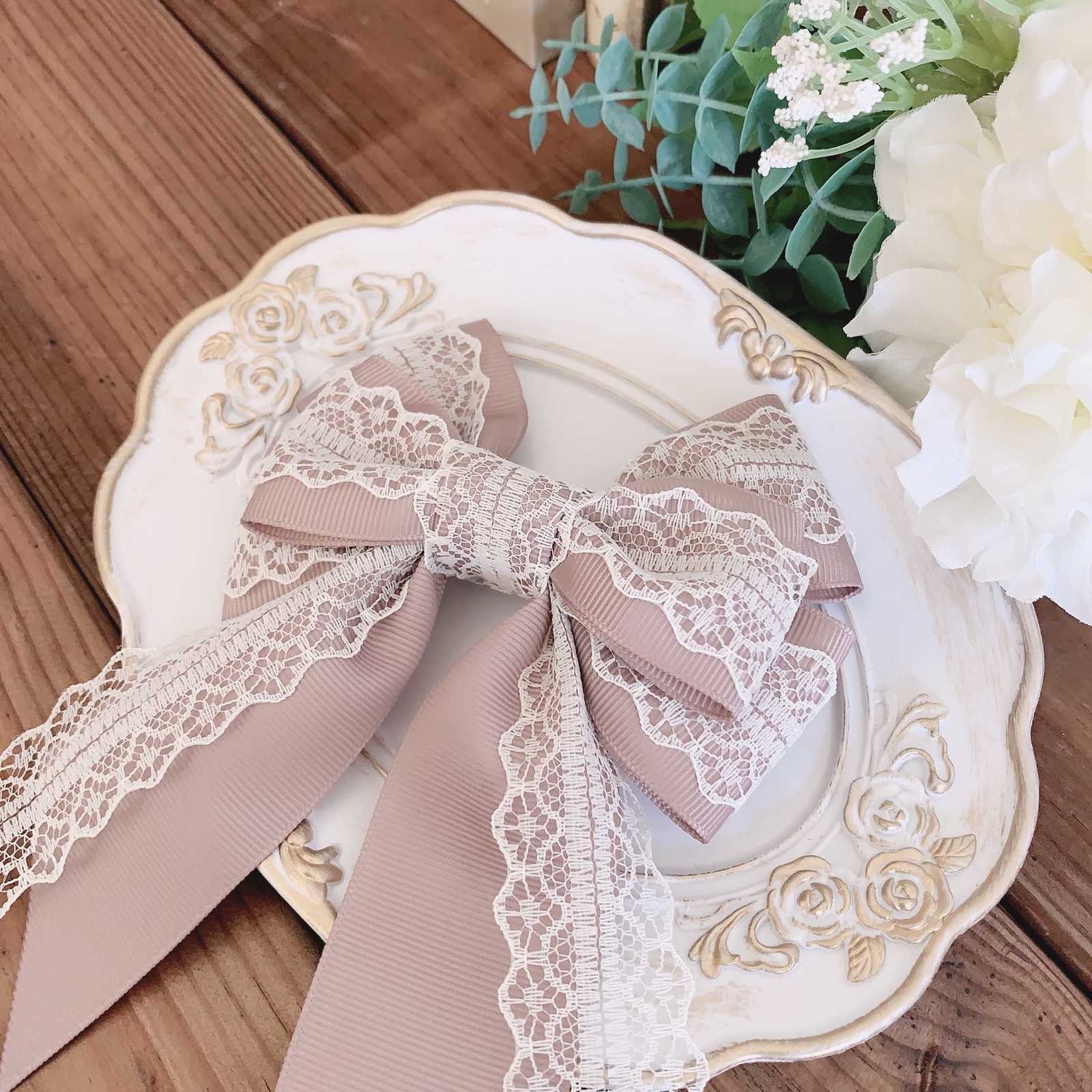 ぽいぽい　リボン　グレー　M ドットチュール幅広リボン （グレーxシルバーラメドット）9.6cm