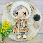 新作✨バイカラー🧡着せ替え〈3点セット〉可愛いෆ̈(みみ付きニット帽・フリル袖トップス・ティアードスカート)ෆ̈いぬ耳　ベージュチェック　セットアップ　🧶