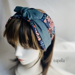 ⭐️capella⭐️オリジナル　春満載〜刺繍が美しいお花畑の紐ターバン　濃紺とくすみグリーン　リバーシブル
