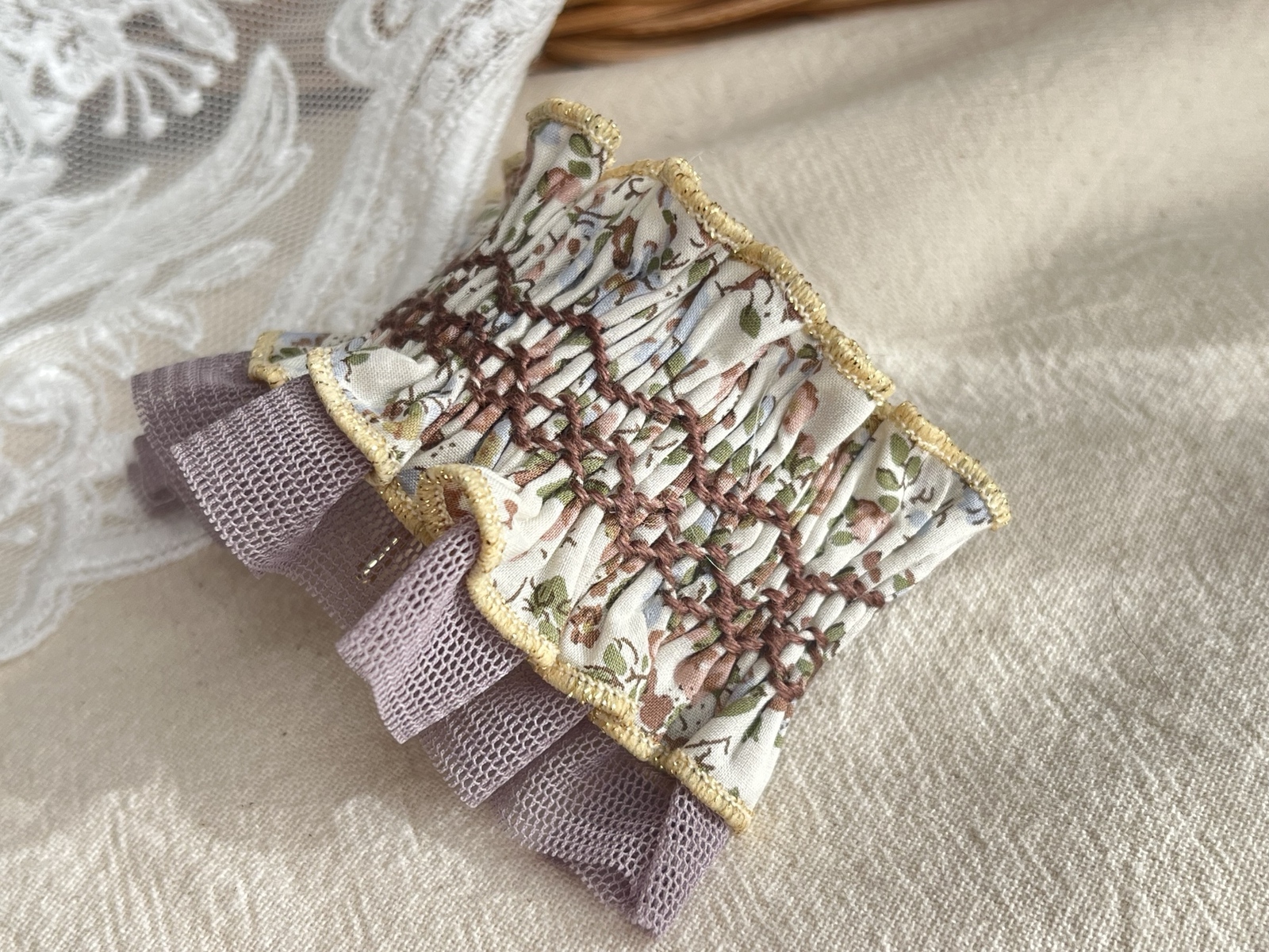 リバティ生地使用》大人のスモッキング刺繍ワンピース チャイブ 拙速