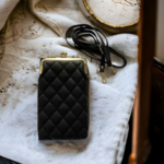 がま口スマホショルダー 財布 ドット柄 トレンド ブラック ゴールド