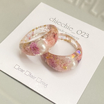 《SALE》リング・＊15~16号＊不規則型『かすみ草とパール・ローズピンク』【受注生産】指輪 レジン かすみ草 桜色 桃色 ホワイト 白 ボタニカル 韓国 韓服 