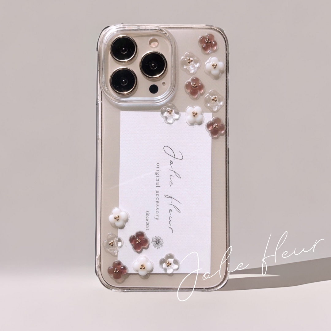 Risa様♡ご確認用♡iPhoneケース15plus♡下オレンジ ボタンタイプ♡ 𝐜𝐥𝐞𝐚𝐫 𝐛𝐫𝐨𝐰𝐧' 𝐦𝐢𝐱/ぷっくりお花 iPhoneケース