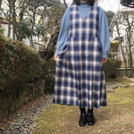 ブルー×ベージュ チェック の ナチュラル かわいい ジャンパースカート
